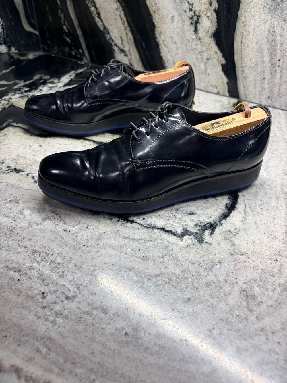 Prada Black Leather Derby Shoes Blue Rubber Sole Women’s EU 37 US 7 Italy - Picture 3 of 11